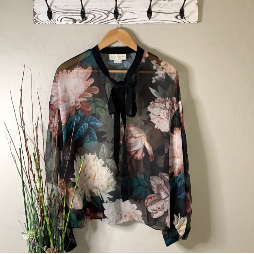 Sachin & Babi sheer blouse. Long sleeves that snap at wrist. Ribbon tie at neck.